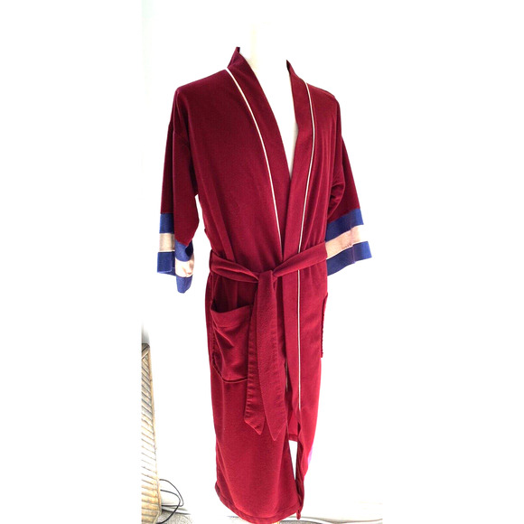 Vintage Mens Robe 80s 90s Retro Velour Color Block Pockets Belted Super Soft - Picture 3 of 10
